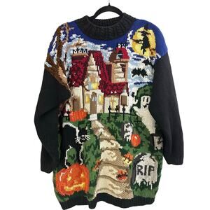HEIRLOOM COLLECTIBLES Vintage Haunted House Halloween Sweater Witch Ghost - M